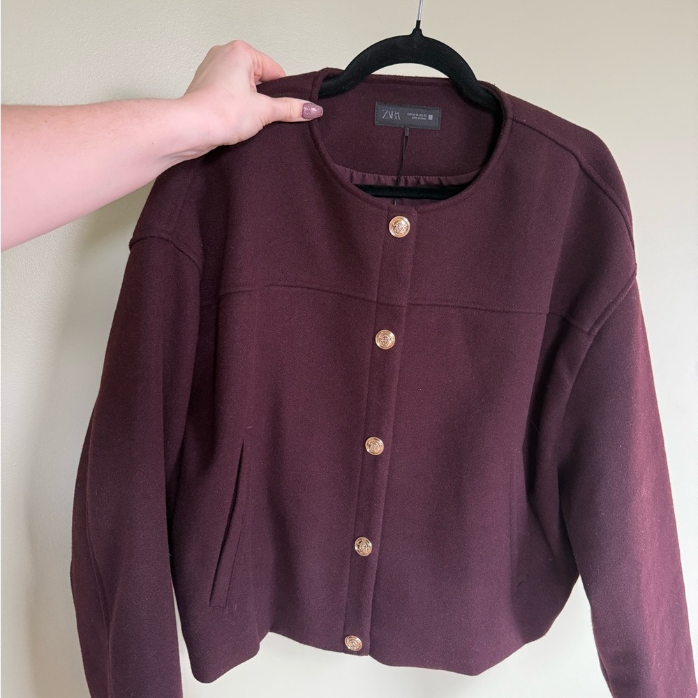Zara Maroon Wool Bomber with Gold Buttons